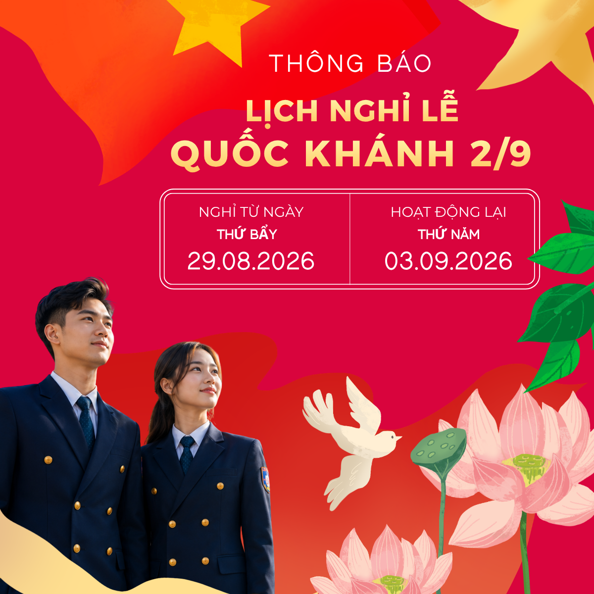 Thông báo Về việc nghỉ Lễ Quốc Khánh 02/9/2026